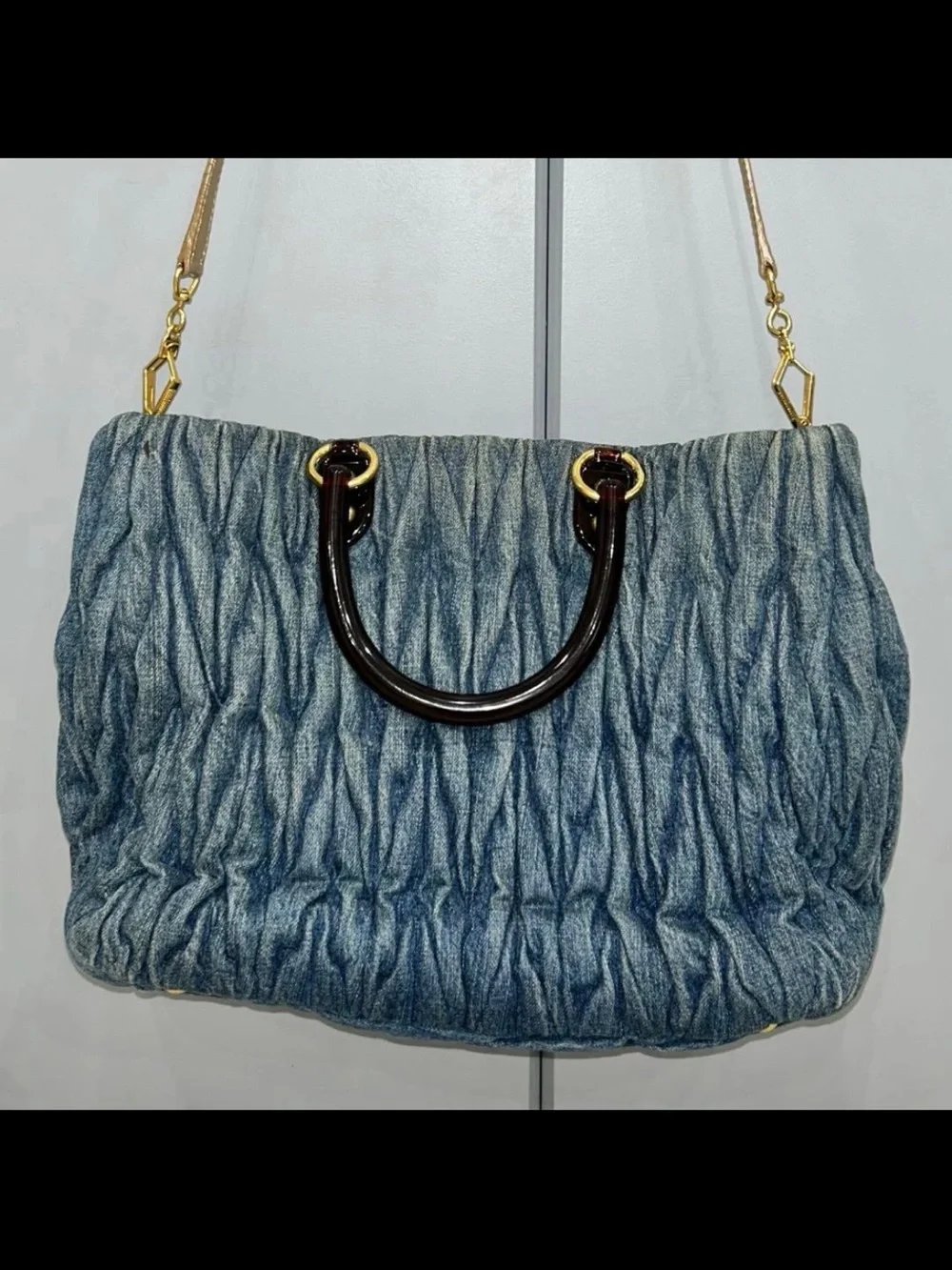 Miu Miu Blue Denim Matelassé Tote with Gold Hardware